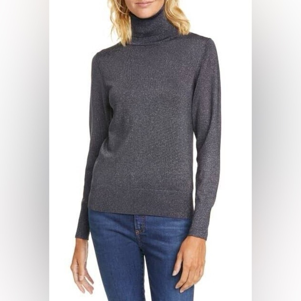 Kate Spade Metallic Ribbed Turtleneck Sweater Lightweight Stretch Glitter Sz XS